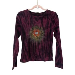 Y2K Fang Top L Purple Black Flame Graphic Beaded Long Sleeve T-Shirt Tribal L